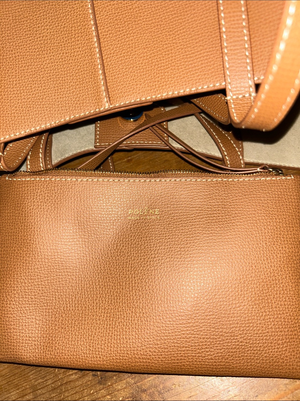 Polène Cyme Mini Textured Leather Tote Bag Camel Brown with Box & Dust Bag - Picture 7 of 10